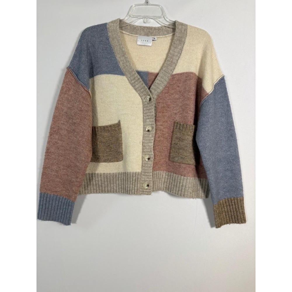 Lush Women's Cardigan Sweater Sizel Wool Blend Buttons Color block